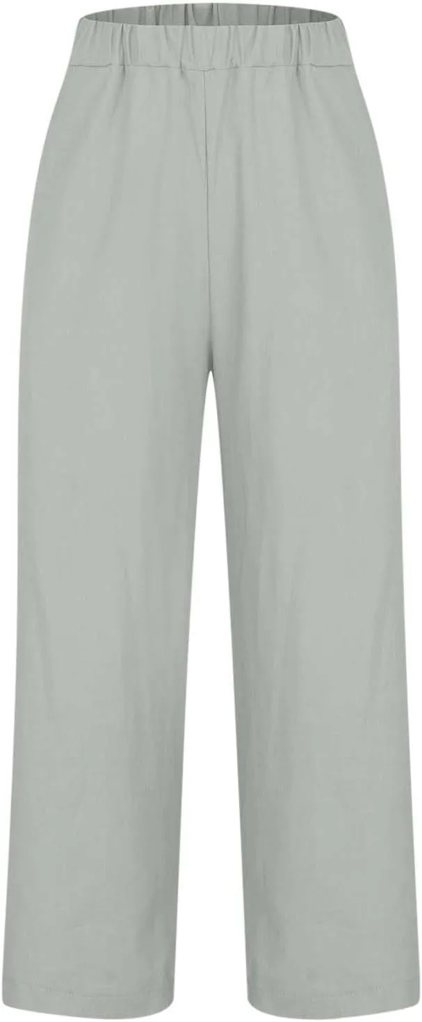 2024 Cotton Linen Pants Women Summer Elastic Waist Crop Pants Plus Size Straight Leg Slack Casual Trouser with Pocket