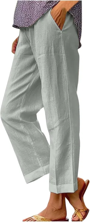 2024 Cotton Linen Pants Women Summer Elastic Waist Crop Pants Plus Size Straight Leg Slack Casual Trouser with Pocket