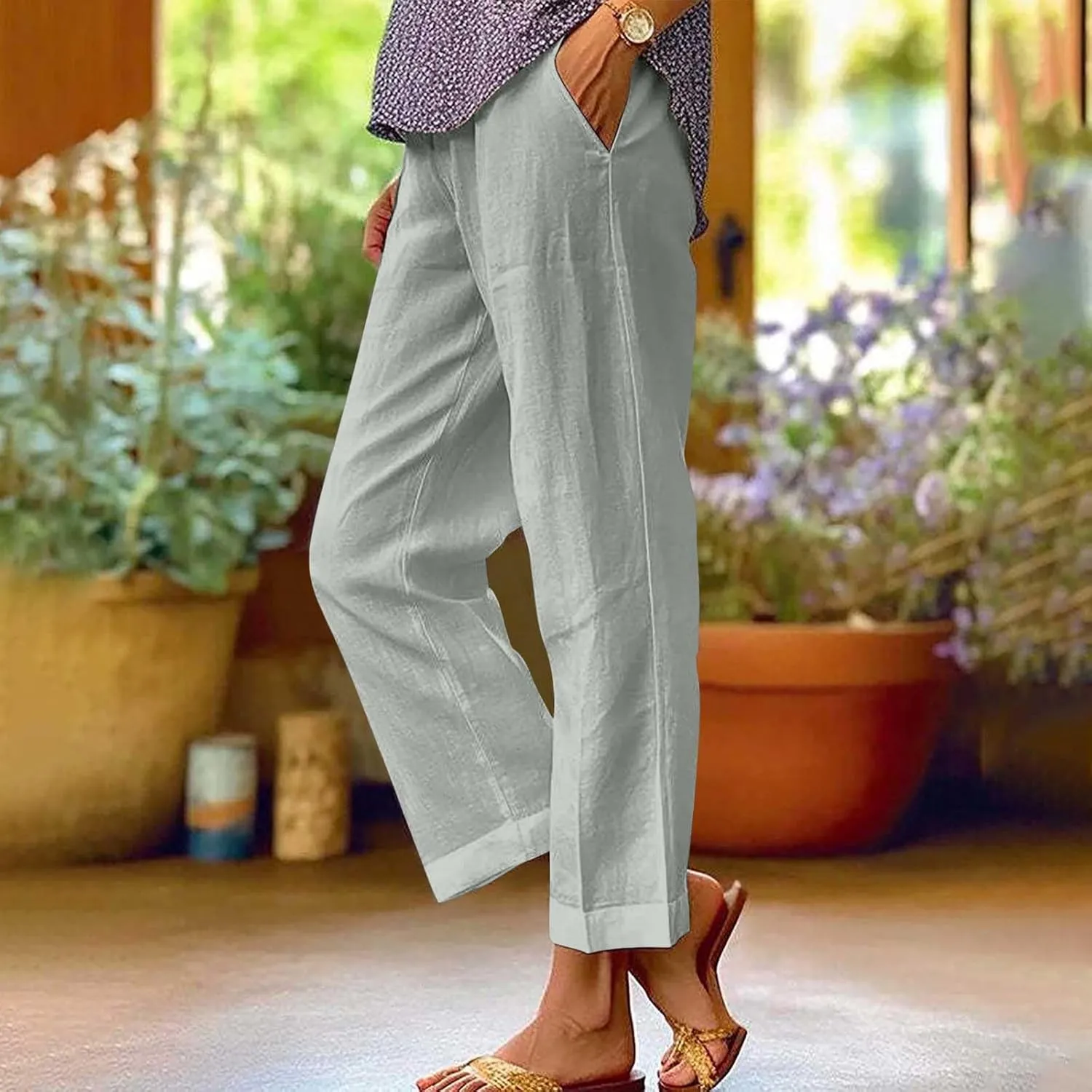 2024 Cotton Linen Pants Women Summer Elastic Waist Crop Pants Plus Size Straight Leg Slack Casual Trouser with Pocket