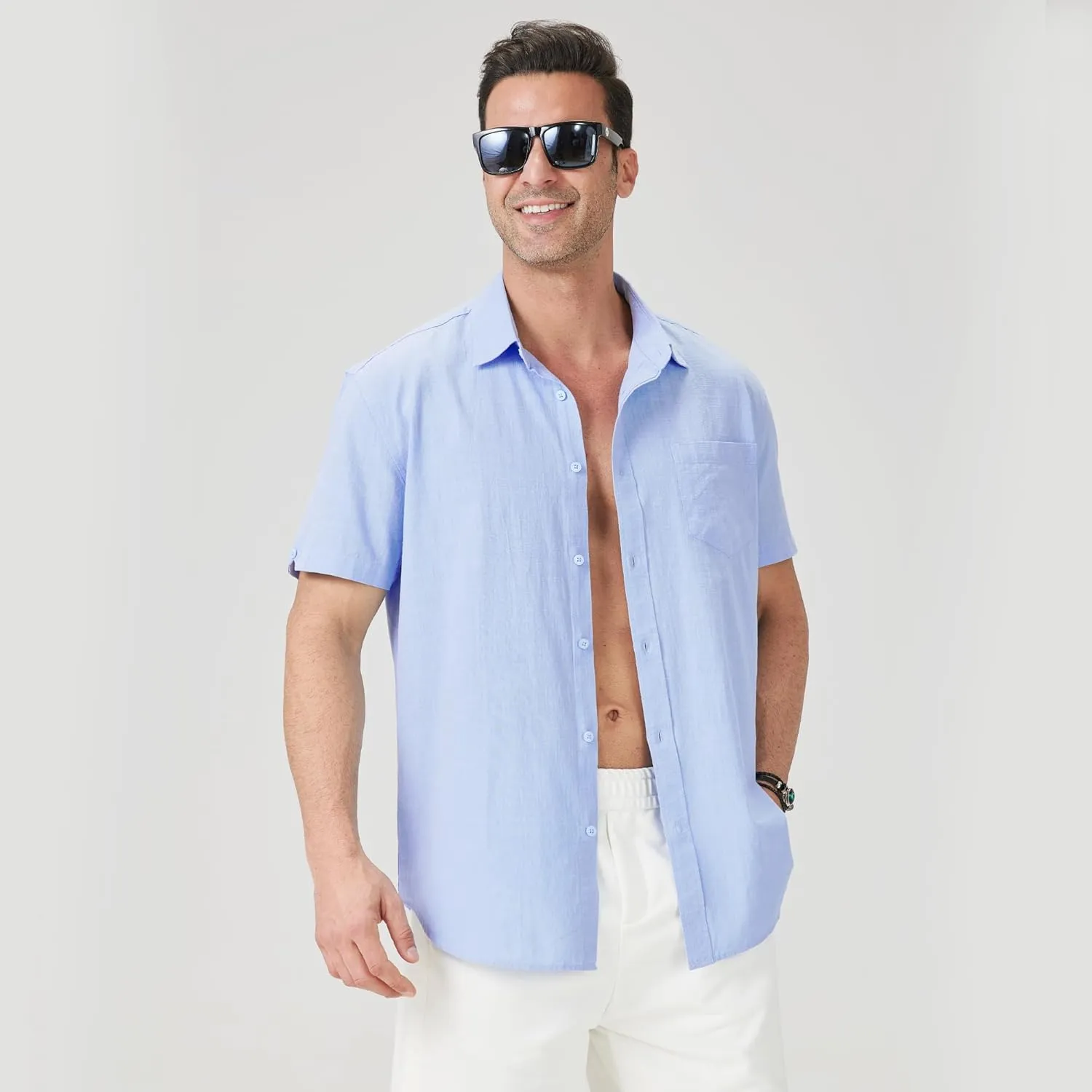 3 Pack Mens Linen Shirts Button Down Short Sleeve Shirt Casual Summer Beach Vacation Tops with Pocket