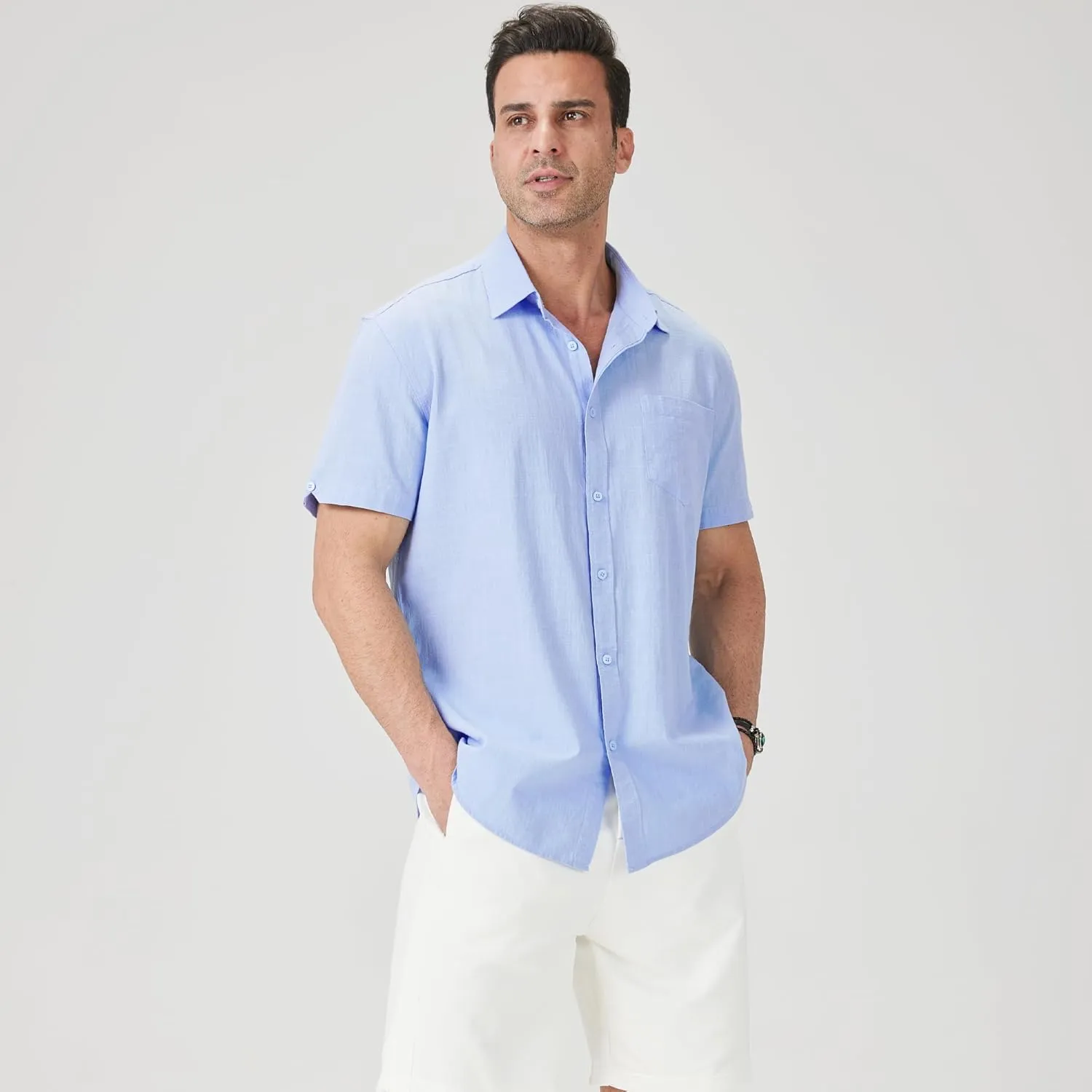3 Pack Mens Linen Shirts Button Down Short Sleeve Shirt Casual Summer Beach Vacation Tops with Pocket