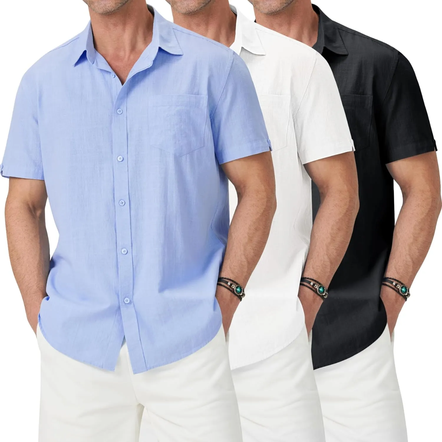 3 Pack Mens Linen Shirts Button Down Short Sleeve Shirt Casual Summer Beach Vacation Tops with Pocket