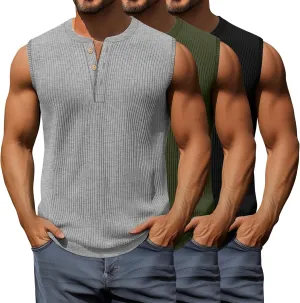 3 Pcs Men's Big and Tall Tank Top Ribbed Plus Size Sleeveless Henley Shirt Crewneck T Shirt 1X-5X