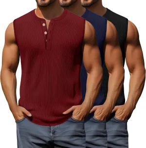3 Pcs Men's Big and Tall Tank Top Ribbed Plus Size Sleeveless Henley Shirt Crewneck T Shirt 1X-5X