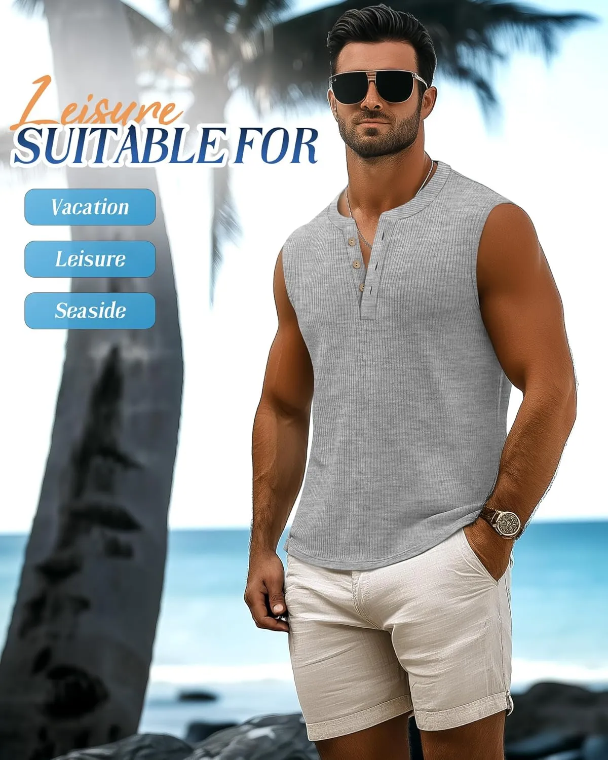 3 Pcs Men's Big and Tall Tank Top Ribbed Plus Size Sleeveless Henley Shirt Crewneck T Shirt 1X-5X