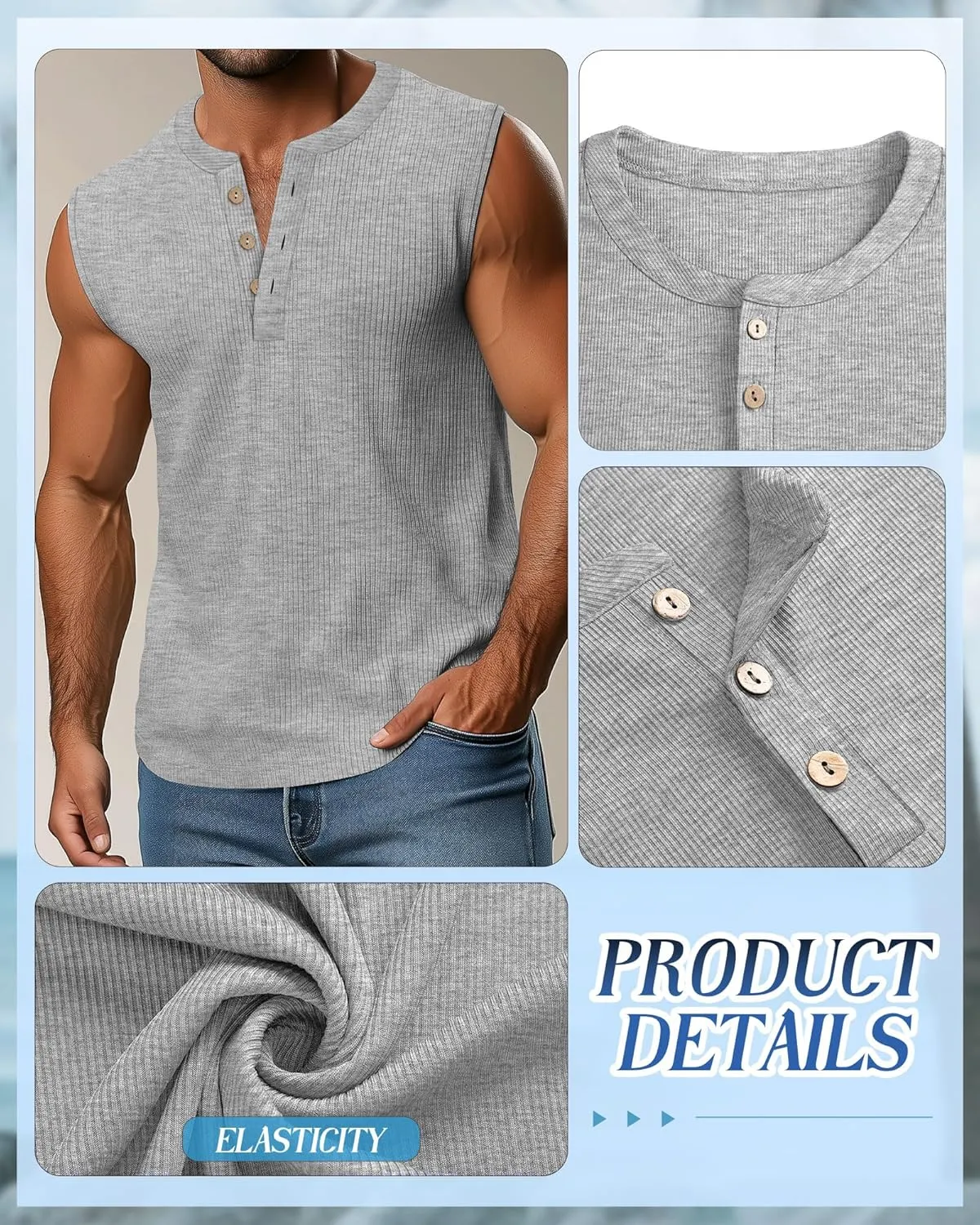 3 Pcs Men's Big and Tall Tank Top Ribbed Plus Size Sleeveless Henley Shirt Crewneck T Shirt 1X-5X