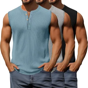 3 Pcs Men's Big and Tall Tank Top Ribbed Plus Size Sleeveless Henley Shirt Crewneck T Shirt 1X-5X