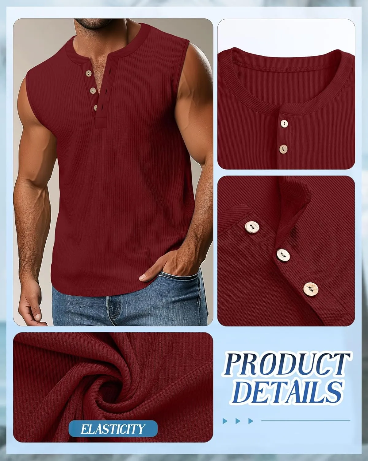 3 Pcs Men's Big and Tall Tank Top Ribbed Plus Size Sleeveless Henley Shirt Crewneck T Shirt 1X-5X