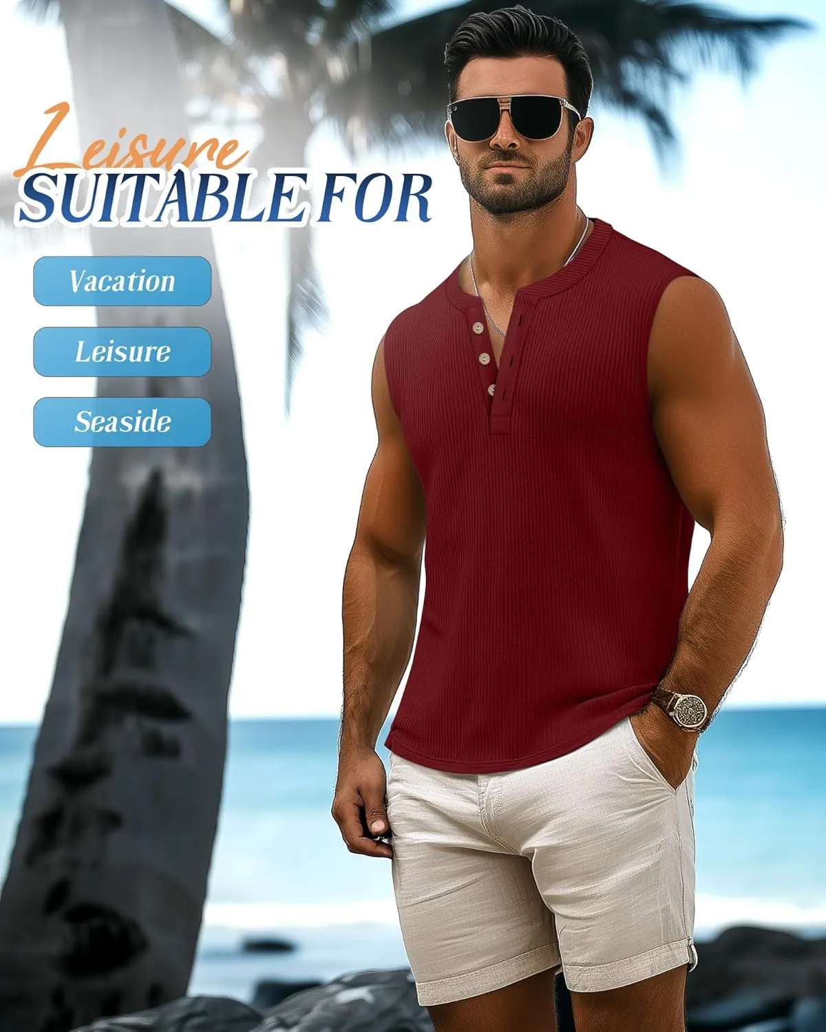 3 Pcs Men's Big and Tall Tank Top Ribbed Plus Size Sleeveless Henley Shirt Crewneck T Shirt 1X-5X