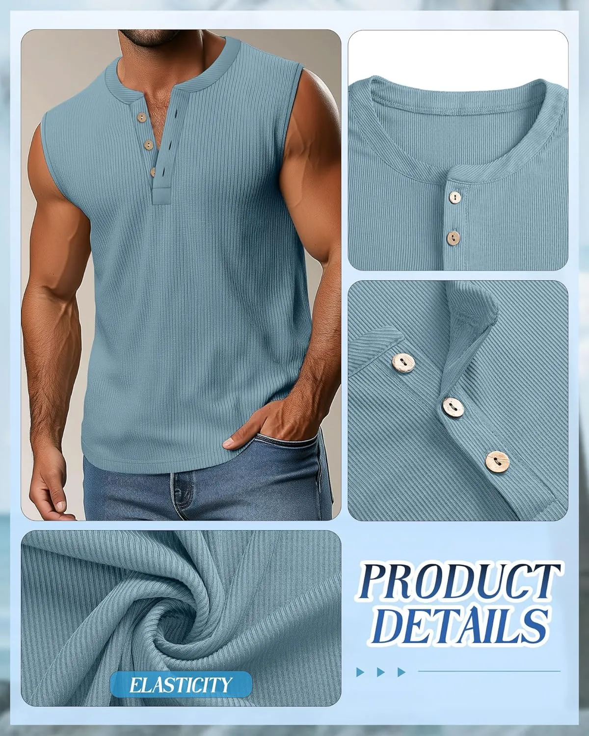 3 Pcs Men's Big and Tall Tank Top Ribbed Plus Size Sleeveless Henley Shirt Crewneck T Shirt 1X-5X