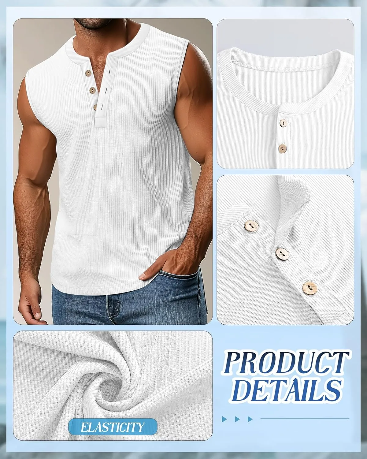 3 Pcs Men's Big and Tall Tank Top Ribbed Plus Size Sleeveless Henley Shirt Crewneck T Shirt 1X-5X