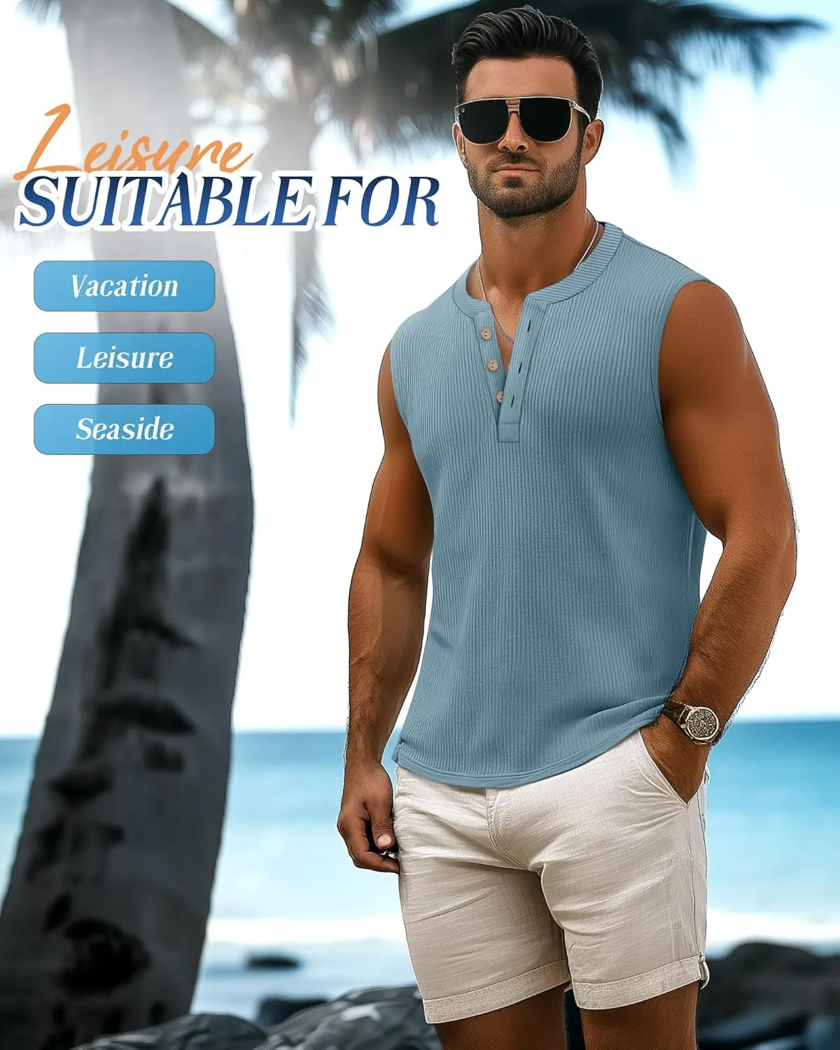 3 Pcs Men's Big and Tall Tank Top Ribbed Plus Size Sleeveless Henley Shirt Crewneck T Shirt 1X-5X