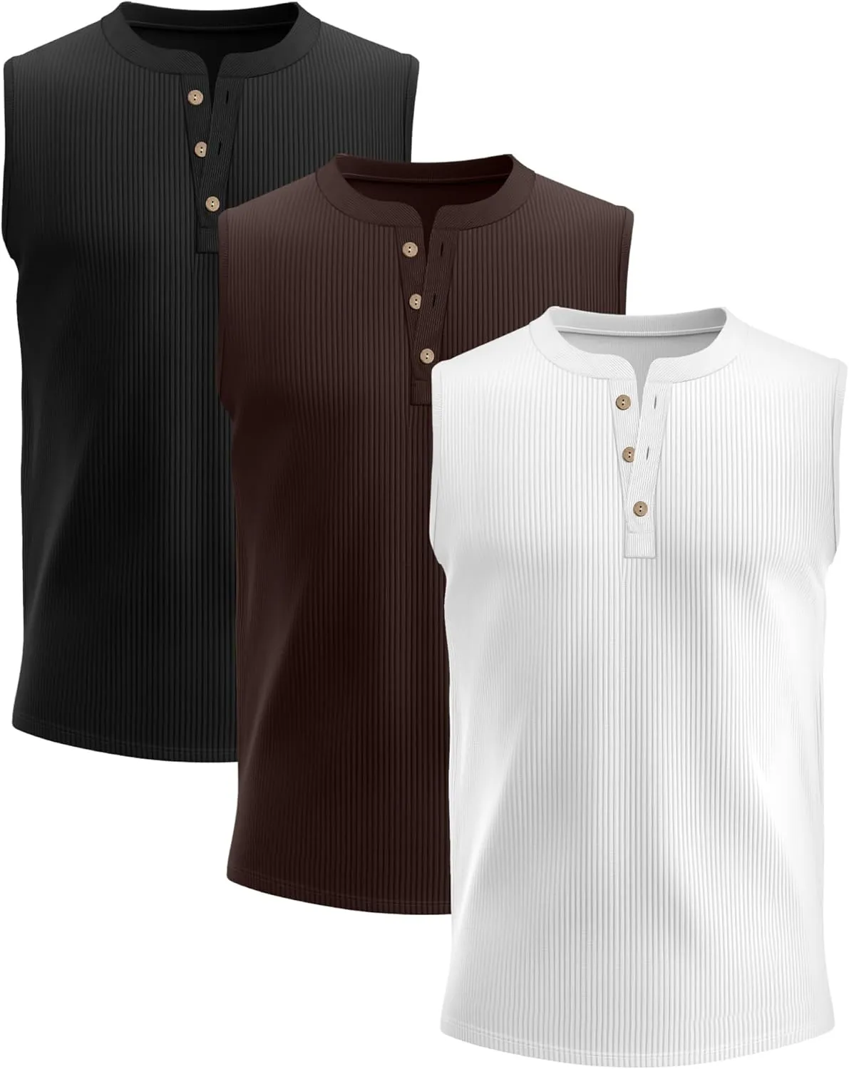 3 Pcs Men's Big and Tall Tank Top Ribbed Plus Size Sleeveless Henley Shirt Crewneck T Shirt 1X-5X