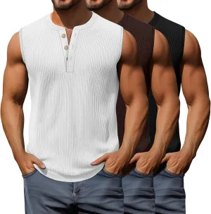 3 Pcs Men's Big and Tall Tank Top Ribbed Plus Size Sleeveless Henley Shirt Crewneck T Shirt 1X-5X