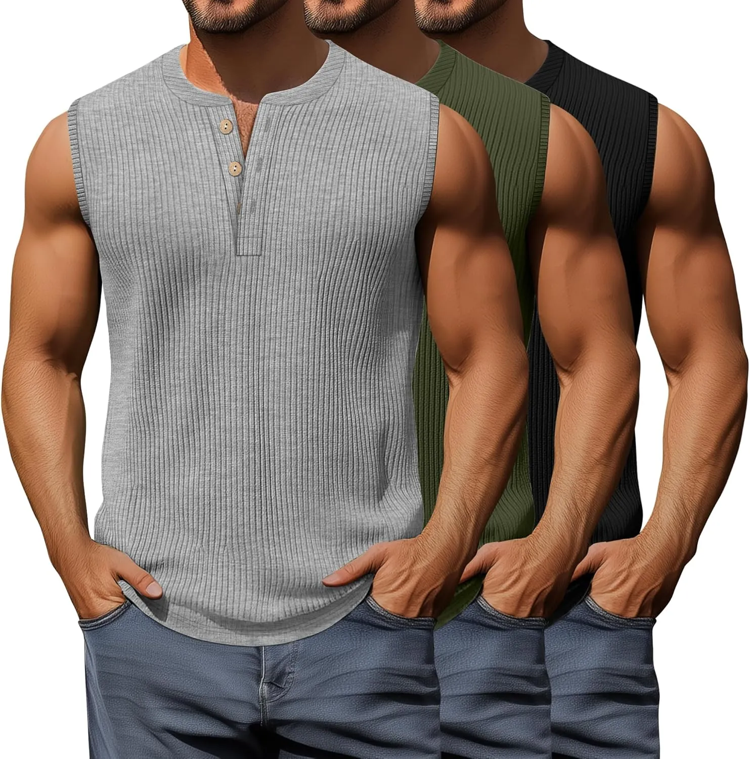 3 Pcs Men's Big and Tall Tank Top Ribbed Plus Size Sleeveless Henley Shirt Crewneck T Shirt 1X-5X