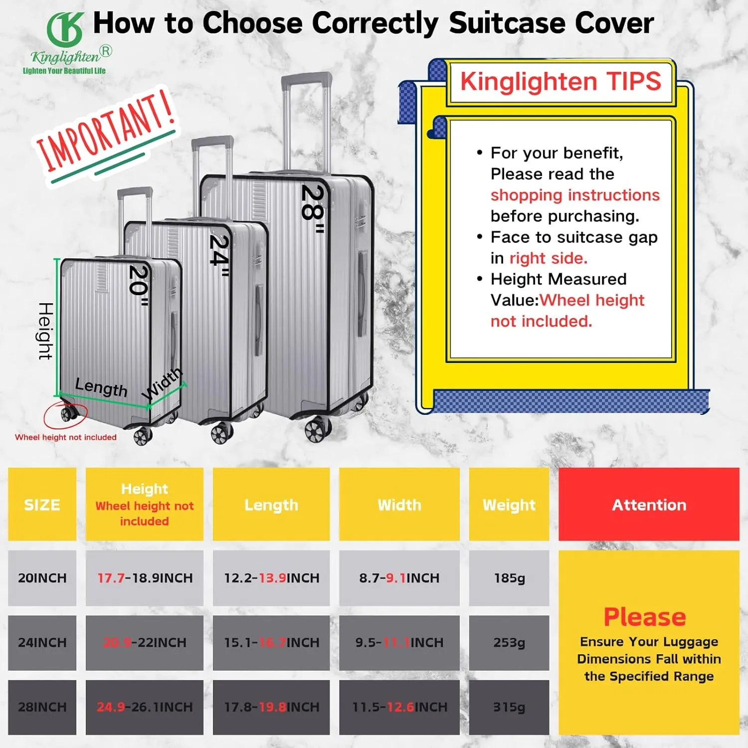 3 Pieces Luggage Cover Set for TSA Approved Suitcases,Waterproof,Dustproof,Anti-scratch Clear PVC Suitcase Covers Protector,Fits 20 24 28 Inch Wheeled Luggage