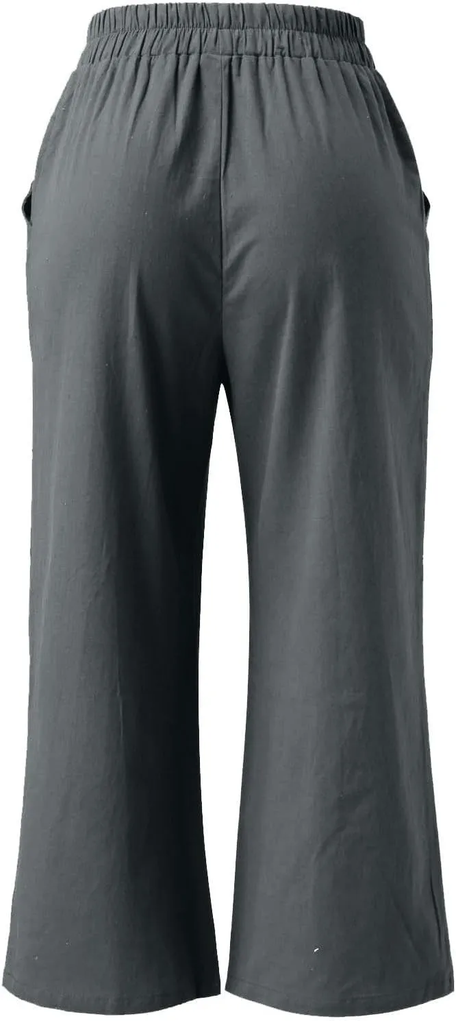 ADHOWBEW Linen Capri Pants for Women Lounge Flowy Wide Leg Summer High Waist Trendy Dressy Comfy Casual Slacks with Pockets