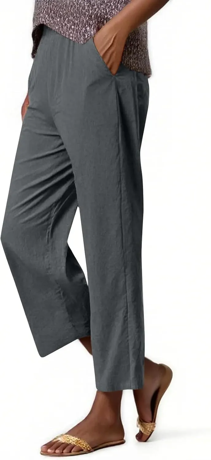 ADHOWBEW Linen Capri Pants for Women Lounge Flowy Wide Leg Summer High Waist Trendy Dressy Comfy Casual Slacks with Pockets