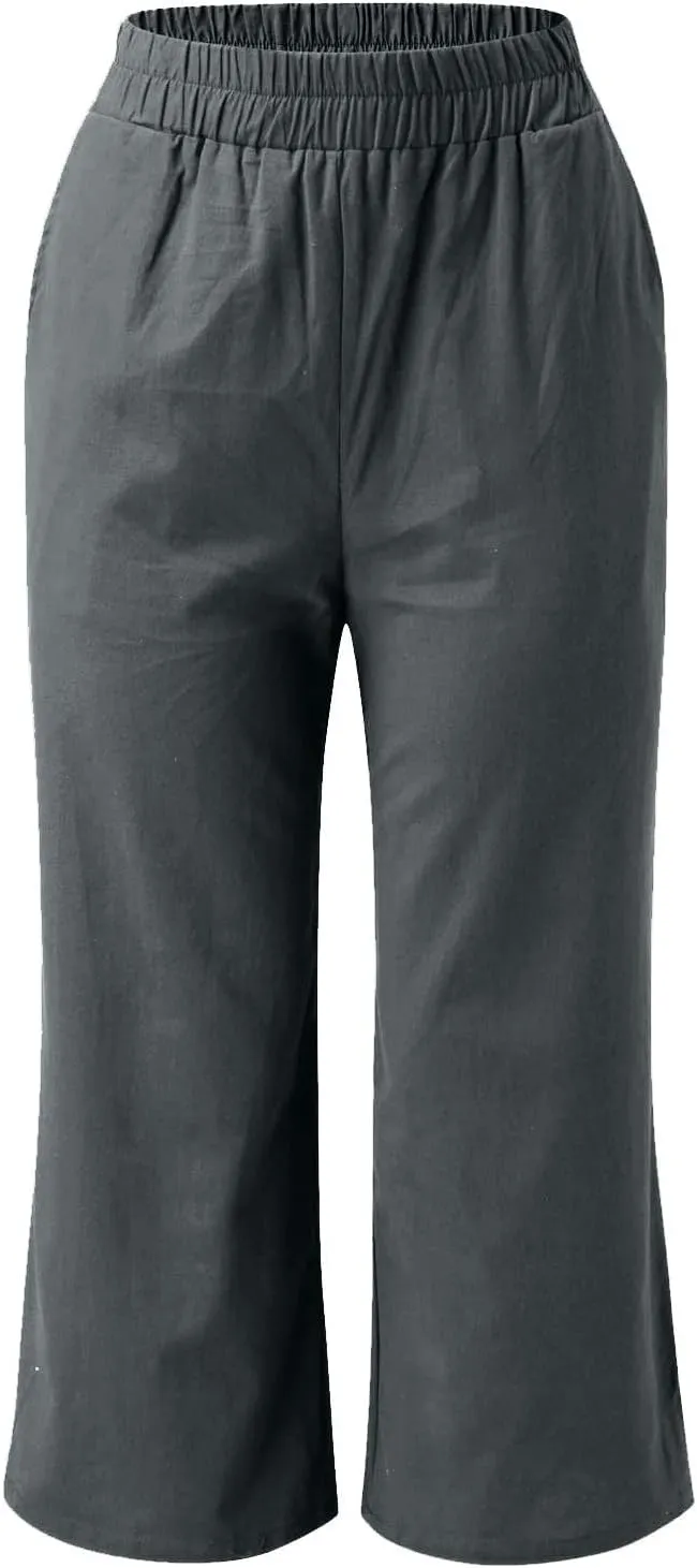ADHOWBEW Linen Capri Pants for Women Lounge Flowy Wide Leg Summer High Waist Trendy Dressy Comfy Casual Slacks with Pockets
