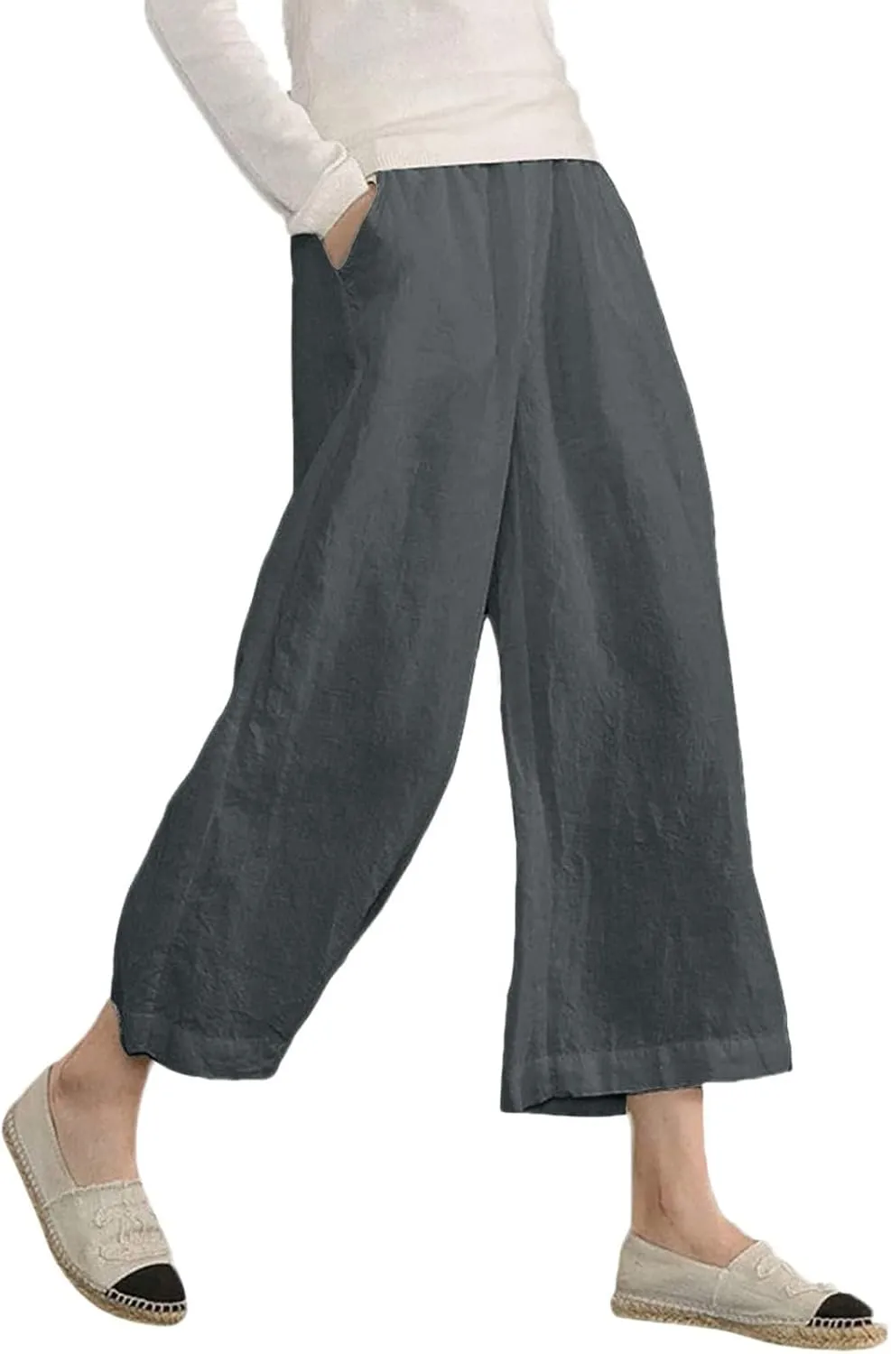 ADHOWBEW Linen Capri Pants for Women Lounge Flowy Wide Leg Summer High Waist Trendy Dressy Comfy Casual Slacks with Pockets