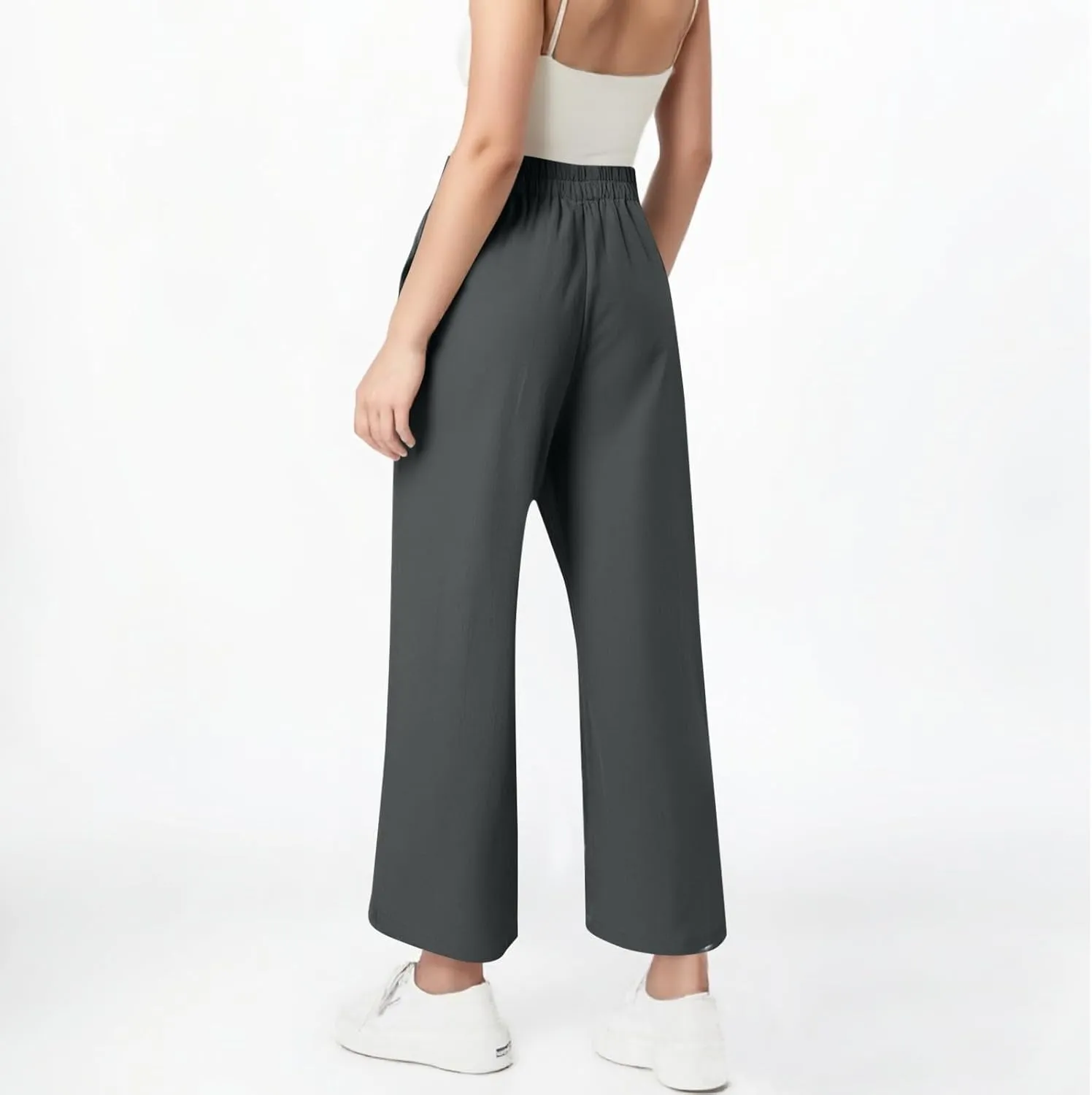 ADHOWBEW Linen Capri Pants for Women Lounge Flowy Wide Leg Summer High Waist Trendy Dressy Comfy Casual Slacks with Pockets