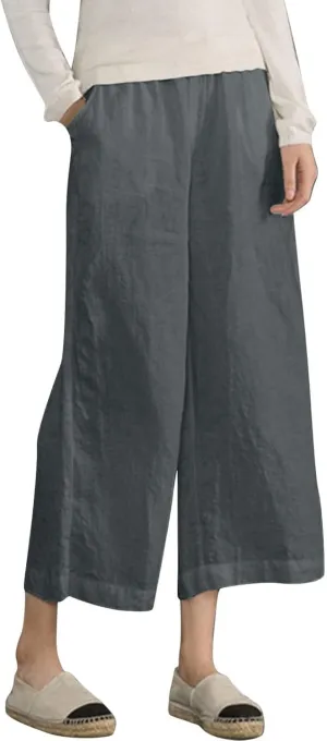 ADHOWBEW Linen Capri Pants for Women Lounge Flowy Wide Leg Summer High Waist Trendy Dressy Comfy Casual Slacks with Pockets