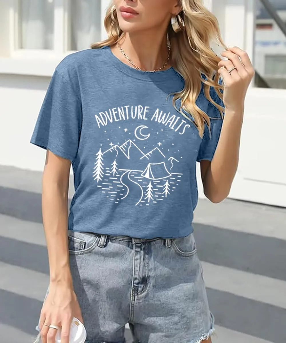 Adventure Awaits Shirts for Women Mountain Graphic Tees Hiking Camping Shirts Athletic Women's Short Sleeve Clothing Tops
