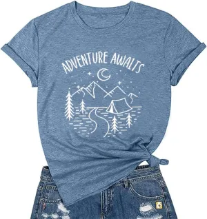 Adventure Awaits Shirts for Women Mountain Graphic Tees Hiking Camping Shirts Athletic Women's Short Sleeve Clothing Tops
