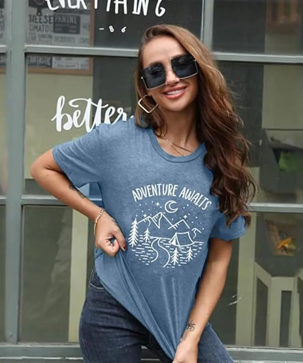 Adventure Awaits Shirts for Women Mountain Graphic Tees Hiking Camping Shirts Athletic Women's Short Sleeve Clothing Tops