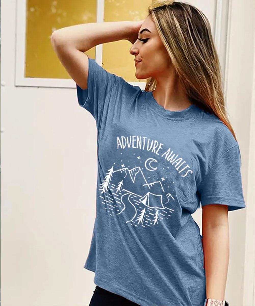 Adventure Awaits Shirts for Women Mountain Graphic Tees Hiking Camping Shirts Athletic Women's Short Sleeve Clothing Tops