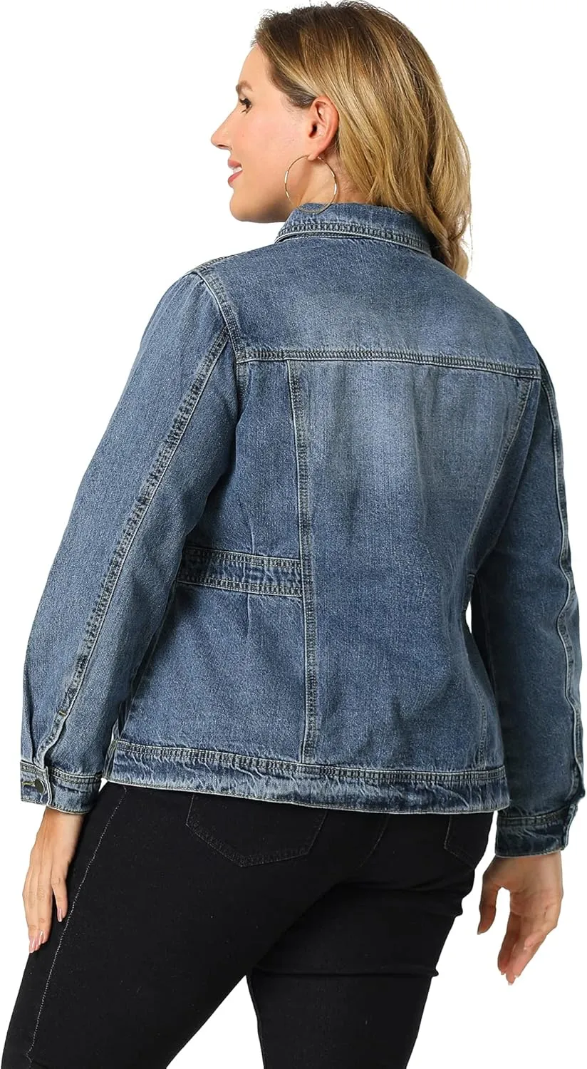 Agnes Orinda Plus Size Denim Jacket for Women Long Sleeve Button Down Washed Front Trucker Jean Jacket 2025 Western Outfit