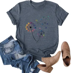 Anbech Womens Dandelion Graphic T-Shirts Teen Girls Cute Sunflower Print Casual Tee Tops