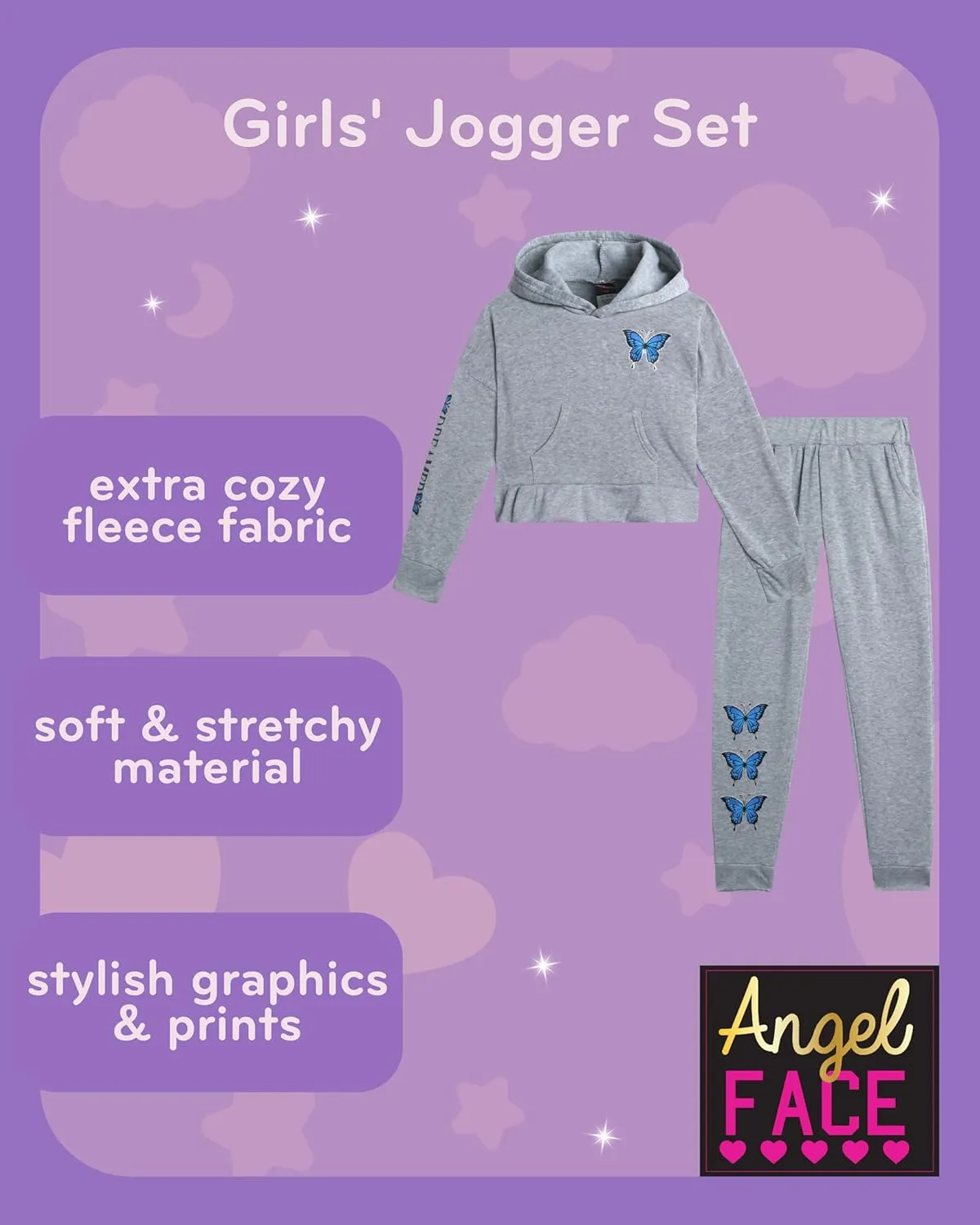 Angel Face Girls Jogger Set - 2 Piece Soft Fleece Pullover Hooded Sweatshirt and Jogger Sweatpants for Girls (Sizes: 7-16)