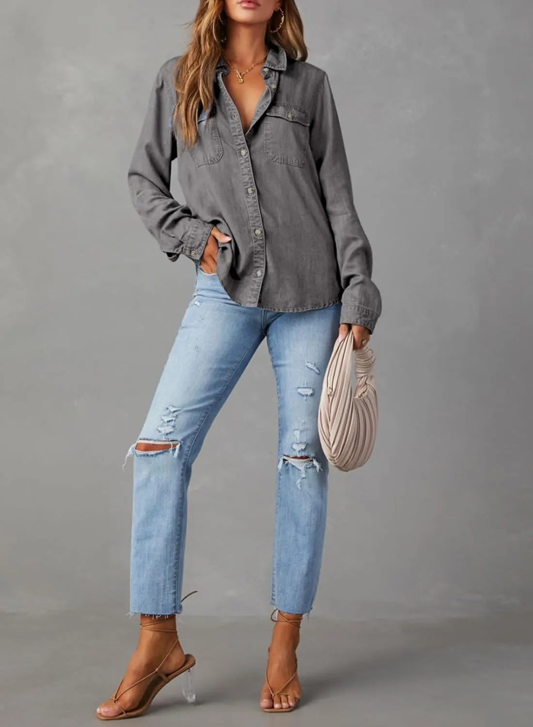 Astylish Women Button Down Denim Shirts Casual Long Sleeve V Neck Chambray Blouse Top