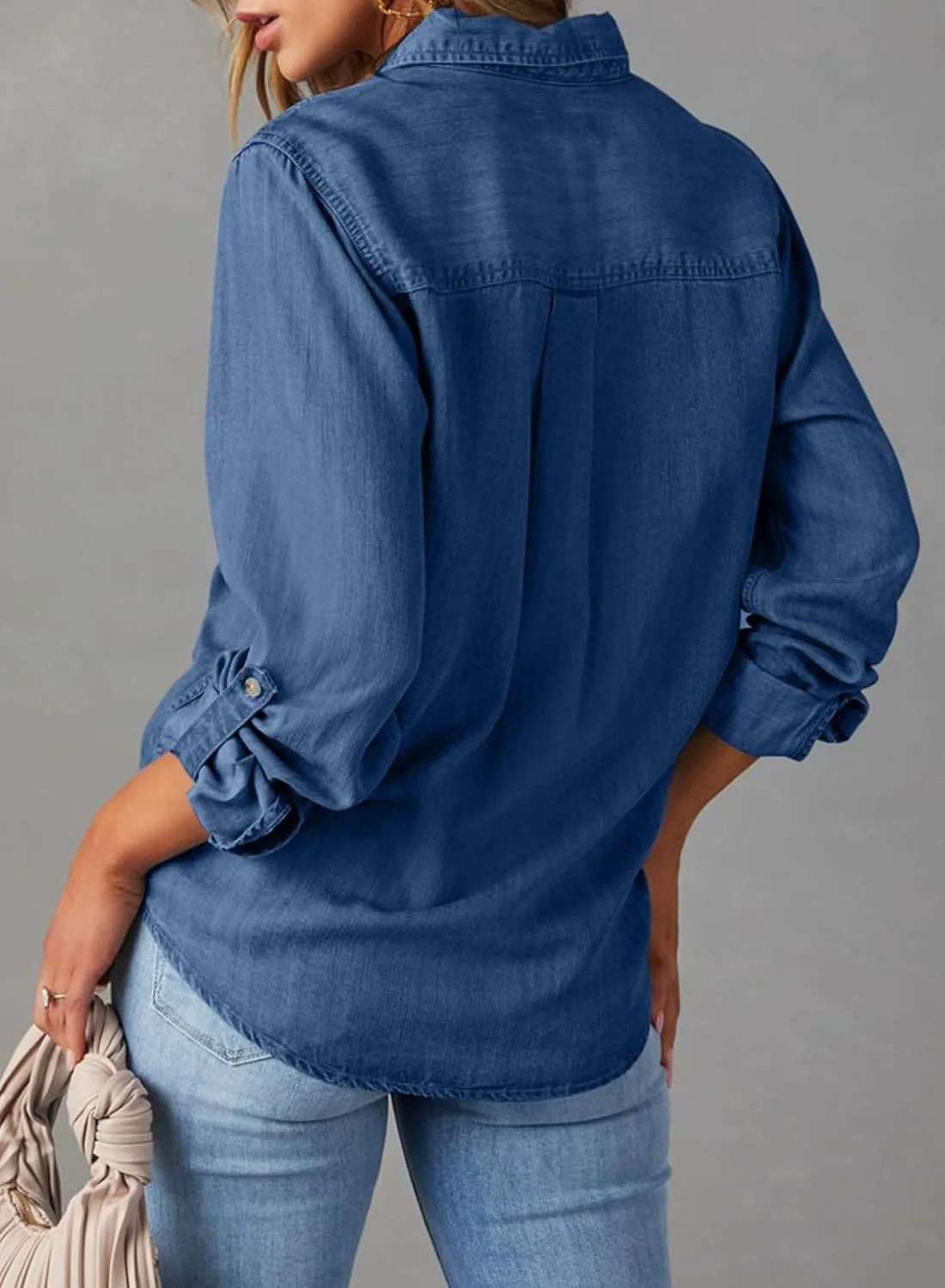 Astylish Women Button Down Denim Shirts Casual Long Sleeve V Neck Chambray Blouse Top