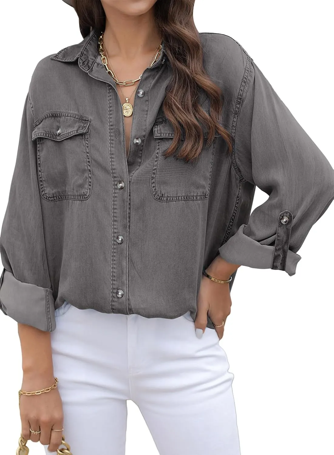 Astylish Women Button Down Denim Shirts Casual Long Sleeve V Neck Chambray Blouse Top