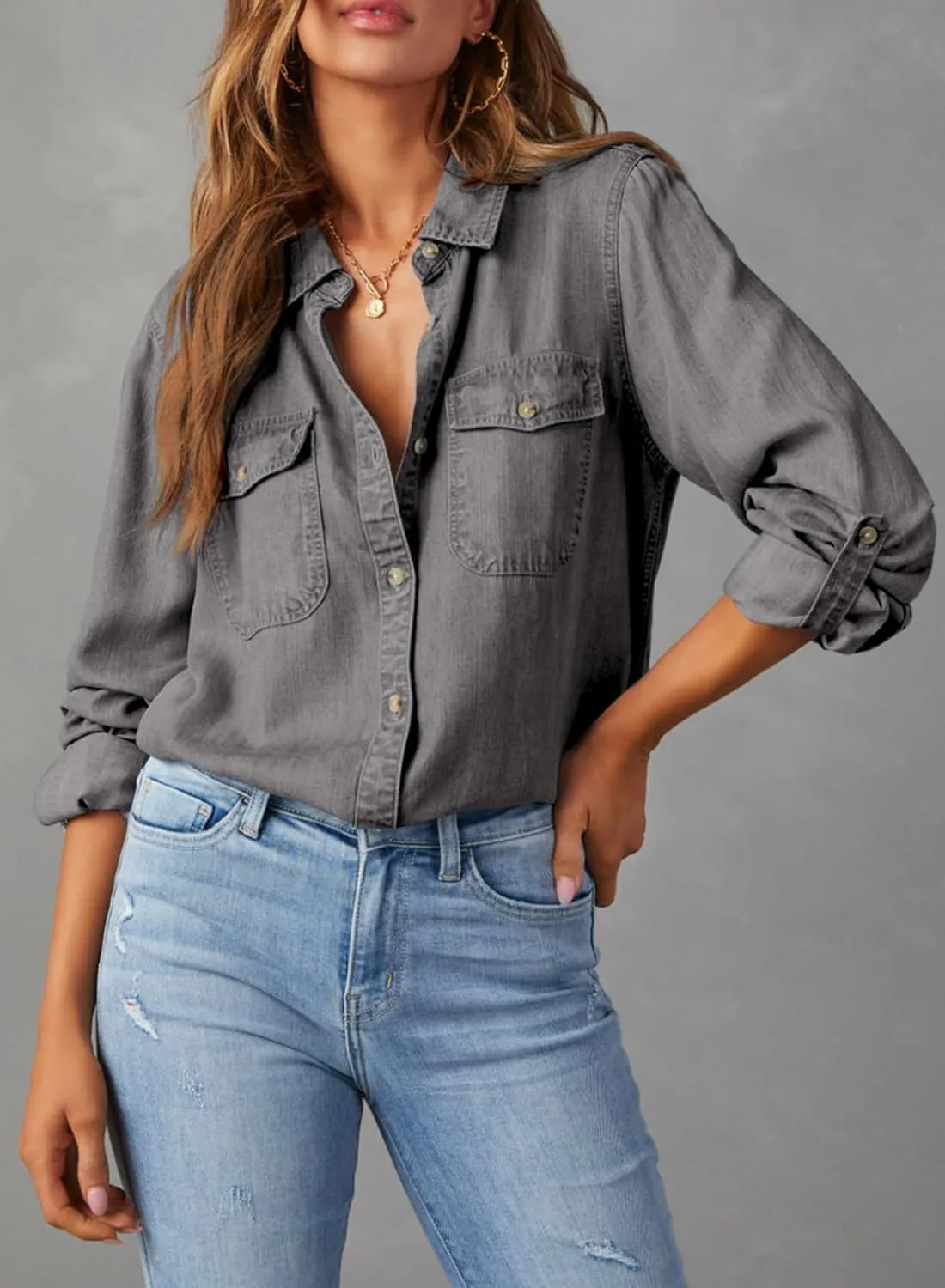 Astylish Women Button Down Denim Shirts Casual Long Sleeve V Neck Chambray Blouse Top