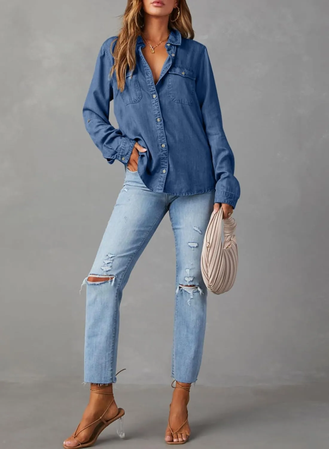 Astylish Women Button Down Denim Shirts Casual Long Sleeve V Neck Chambray Blouse Top