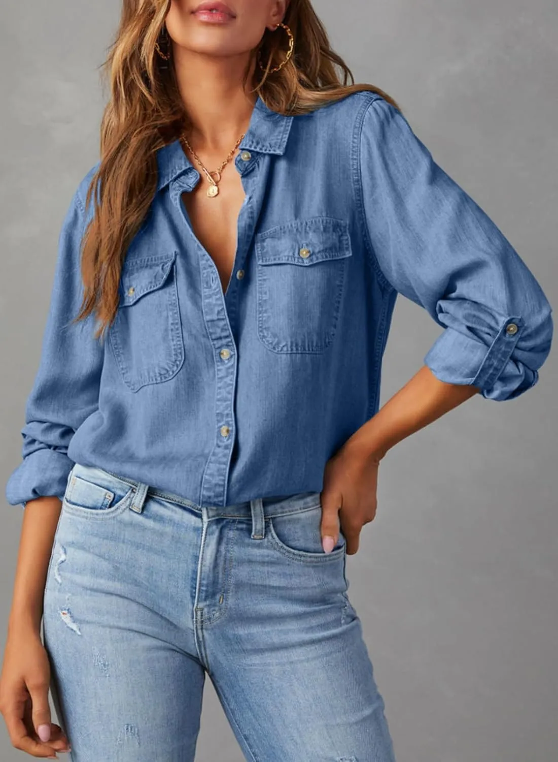 Astylish Women Button Down Denim Shirts Casual Long Sleeve V Neck Chambray Blouse Top