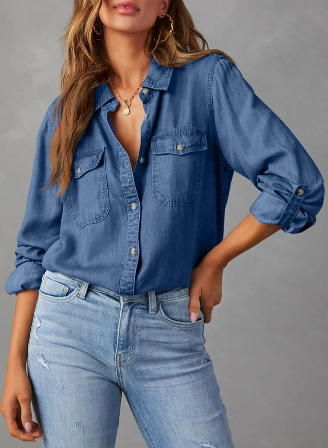Astylish Women Button Down Denim Shirts Casual Long Sleeve V Neck Chambray Blouse Top