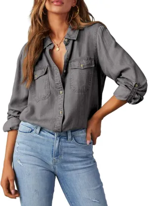 Astylish Women Button Down Denim Shirts Casual Long Sleeve V Neck Chambray Blouse Top
