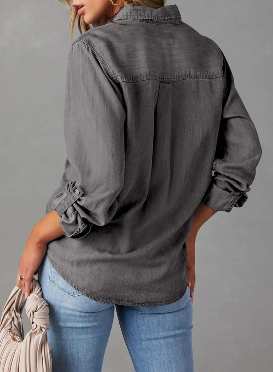 Astylish Women Button Down Denim Shirts Casual Long Sleeve V Neck Chambray Blouse Top