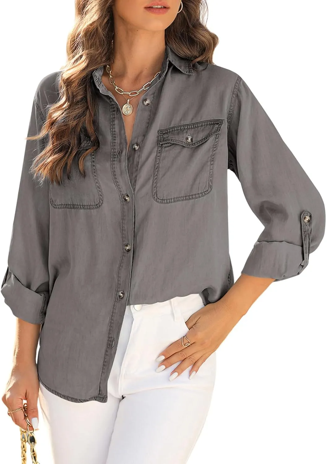 Astylish Women Button Down Denim Shirts Casual Long Sleeve V Neck Chambray Blouse Top