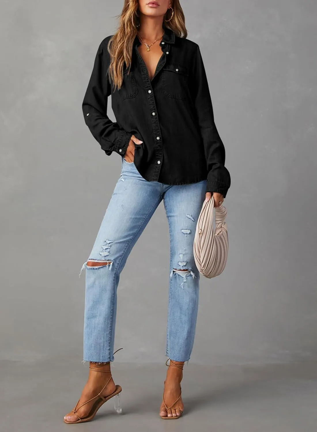 Astylish Women Button Down Denim Shirts Casual Long Sleeve V Neck Chambray Blouse Top