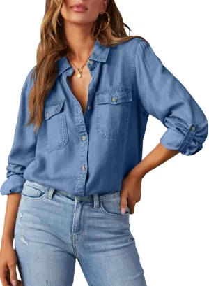 Astylish Women Button Down Denim Shirts Casual Long Sleeve V Neck Chambray Blouse Top