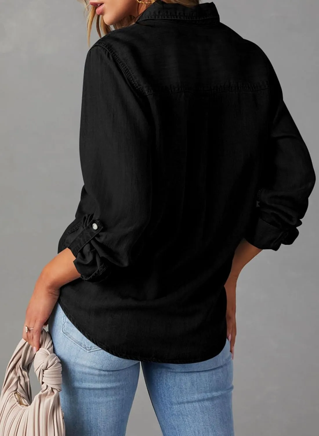 Astylish Women Button Down Denim Shirts Casual Long Sleeve V Neck Chambray Blouse Top