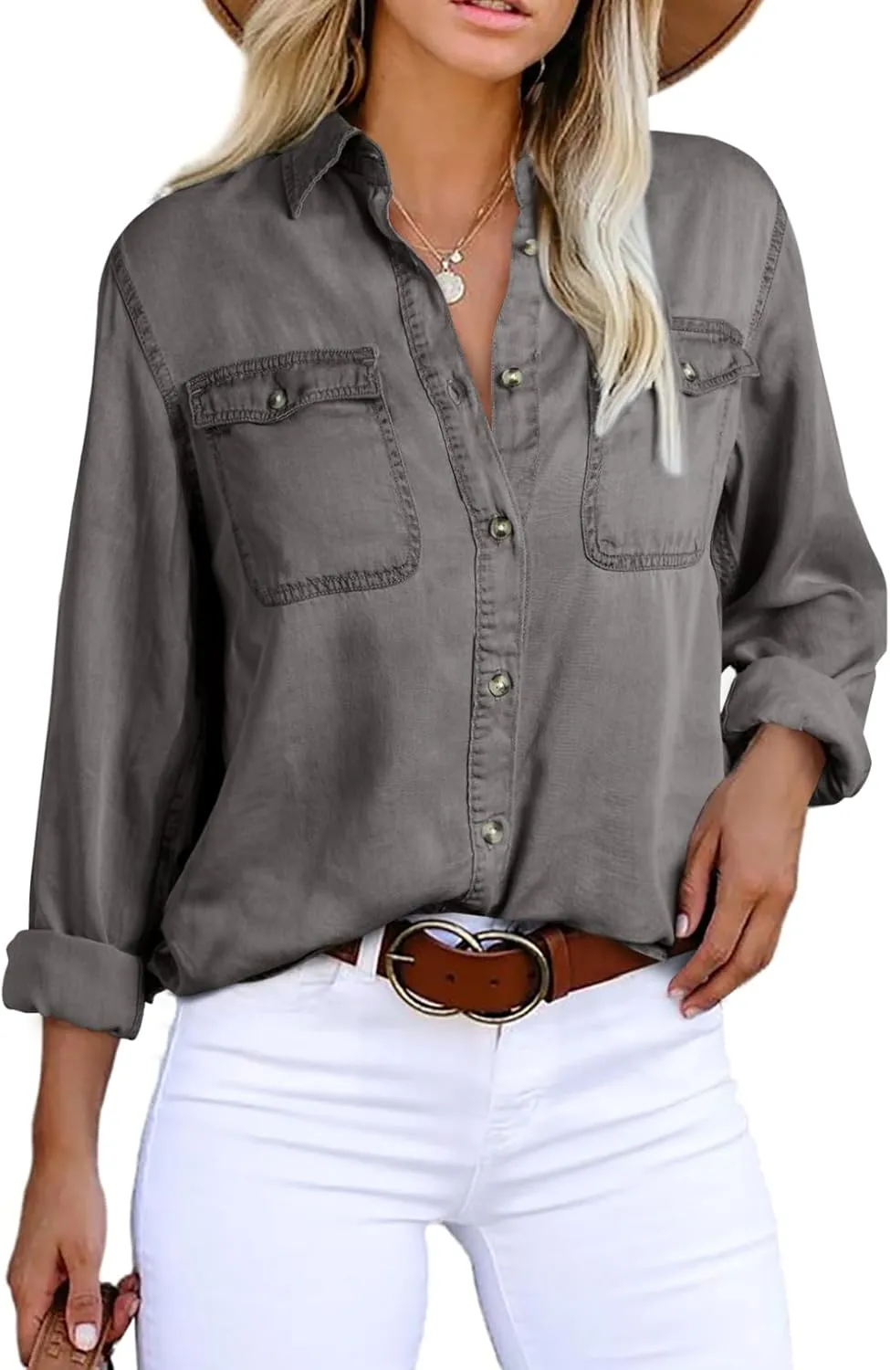 Astylish Women Button Down Denim Shirts Casual Long Sleeve V Neck Chambray Blouse Top