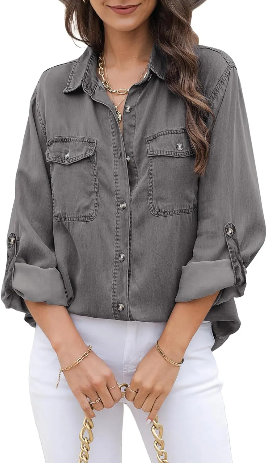 Astylish Women Button Down Denim Shirts Casual Long Sleeve V Neck Chambray Blouse Top