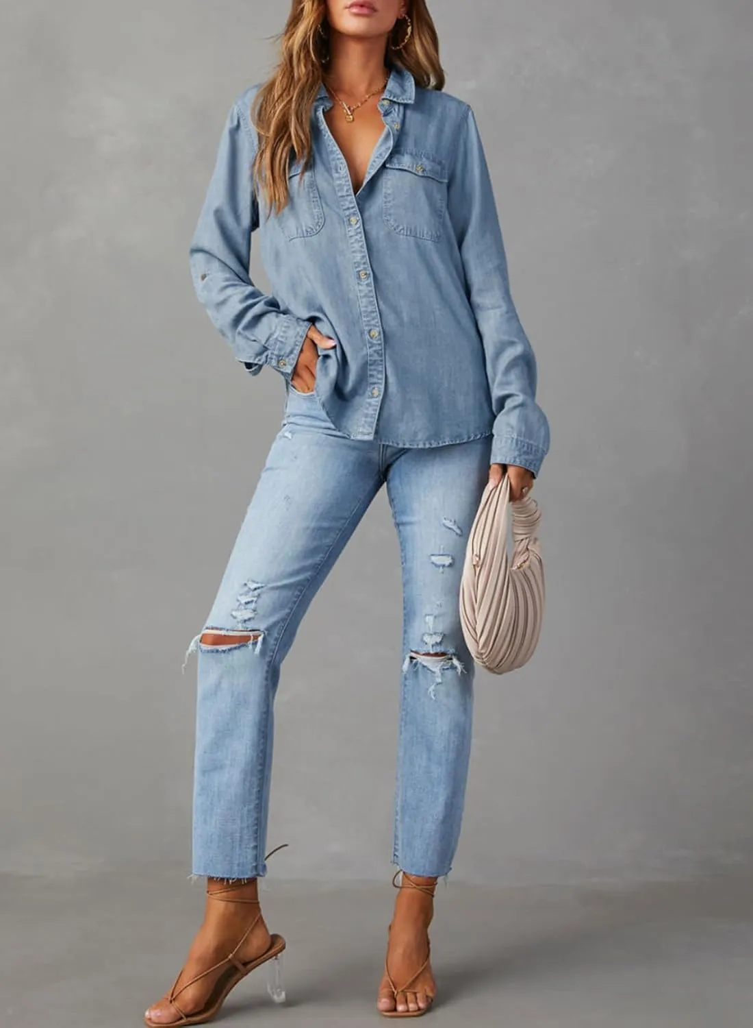 Astylish Women Button Down Denim Shirts Casual Long Sleeve V Neck Chambray Blouse Top
