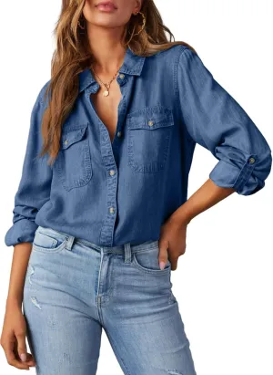Astylish Women Button Down Denim Shirts Casual Long Sleeve V Neck Chambray Blouse Top